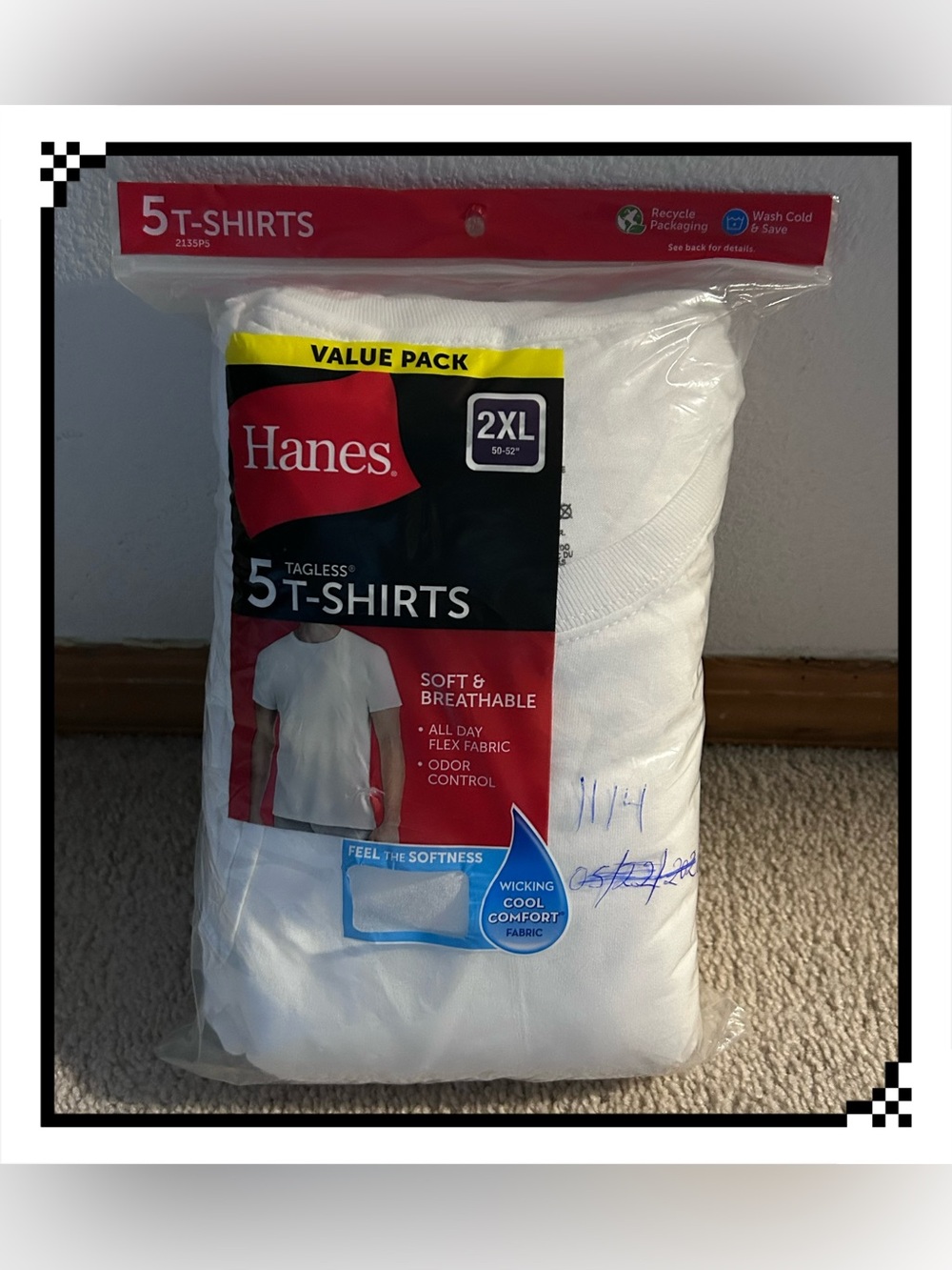 Hanes Men’s Cotton Tagless 5 Crew T-Shrits Undershirts Value Pack White Sz 2XL